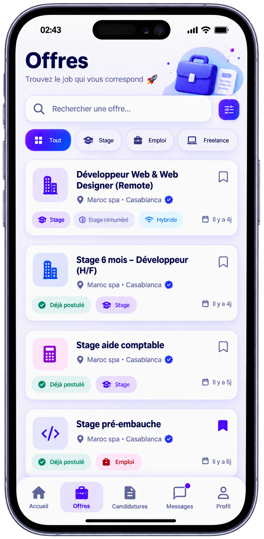 Écran de recherche d'offres d'emploi dans l'application WorkPass